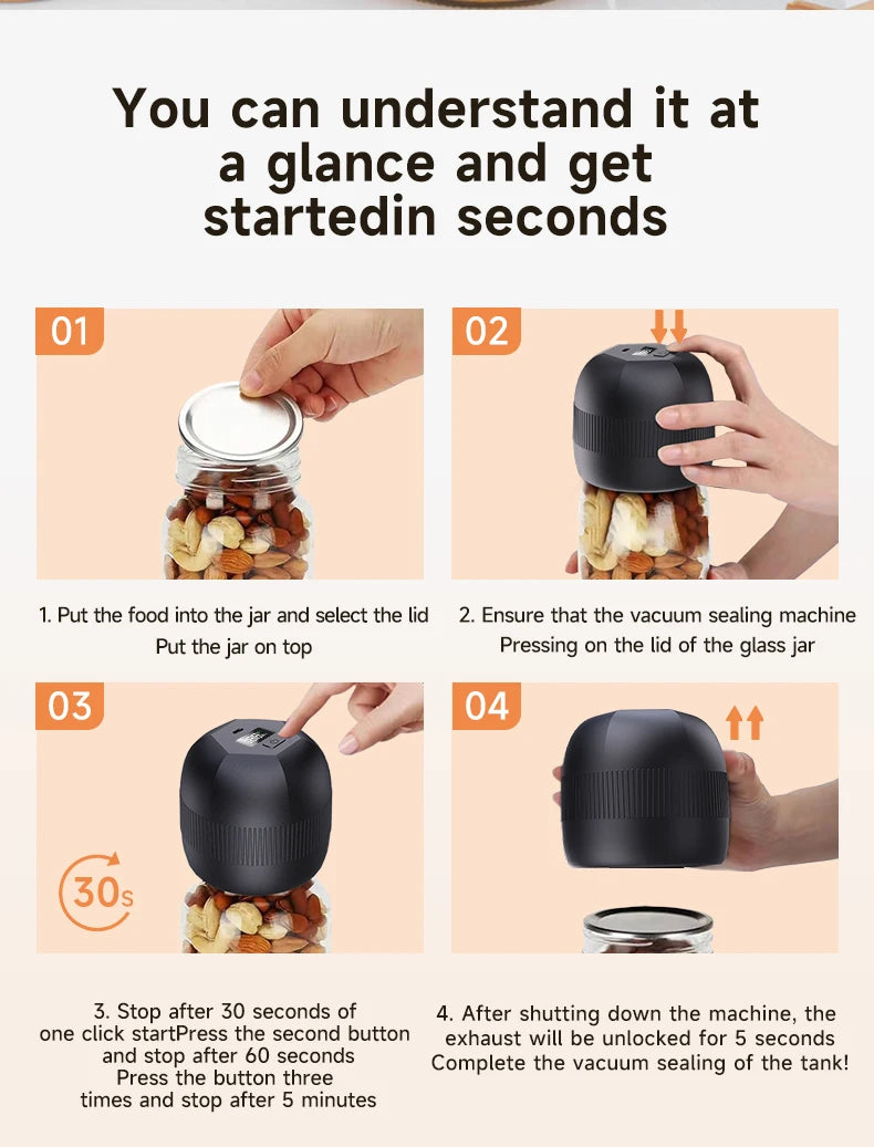 Automatic Electric Mason Jar Vacuum Sealer – Mini Pump Machine with Lids for Kitchen Food Storage