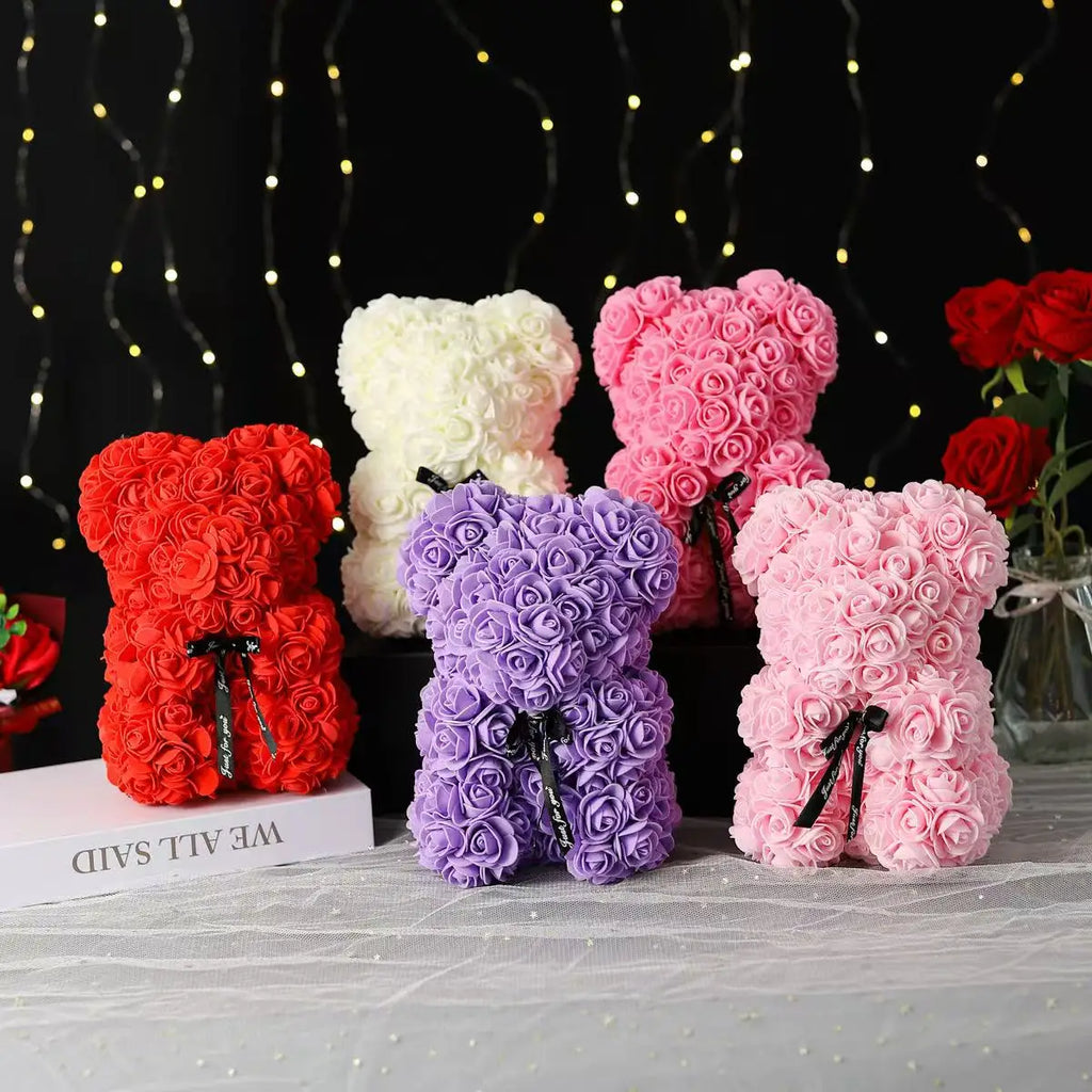 Artificial Rose Flower Teddy Bear 25cm with Box – Valentine’s Day Romantic Gift for Girlfriend, Anniversary, Wedding Party