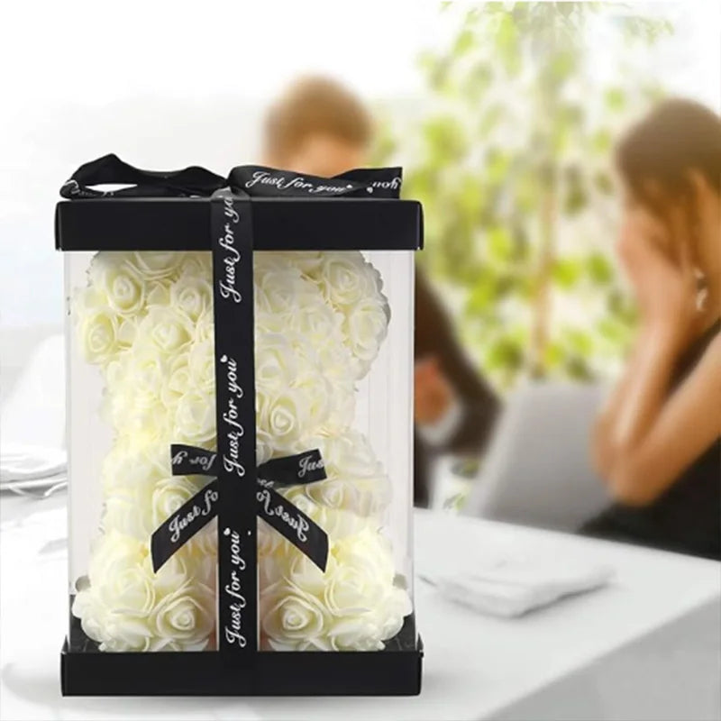 Artificial Rose Flower Teddy Bear 25cm with Box – Valentine’s Day Romantic Gift for Girlfriend, Anniversary, Wedding Party