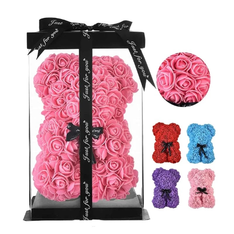 Artificial Rose Flower Teddy Bear 25cm with Box – Valentine’s Day Romantic Gift for Girlfriend, Anniversary, Wedding Party