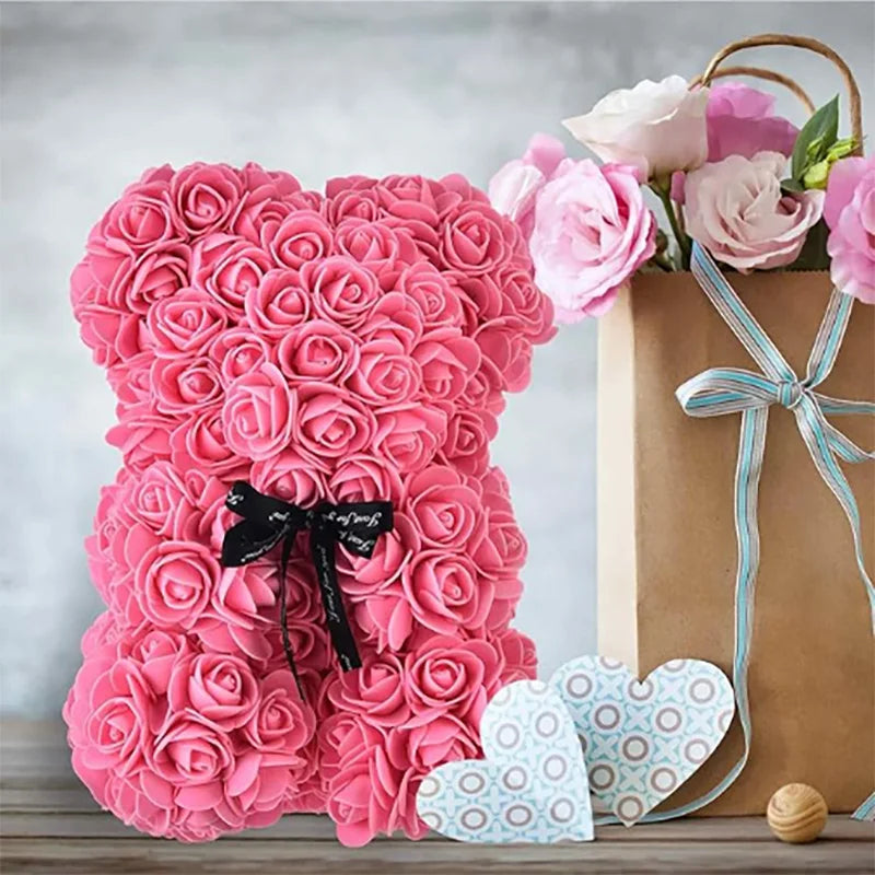 Artificial Rose Flower Teddy Bear 25cm with Box – Valentine’s Day Romantic Gift for Girlfriend, Anniversary, Wedding Party