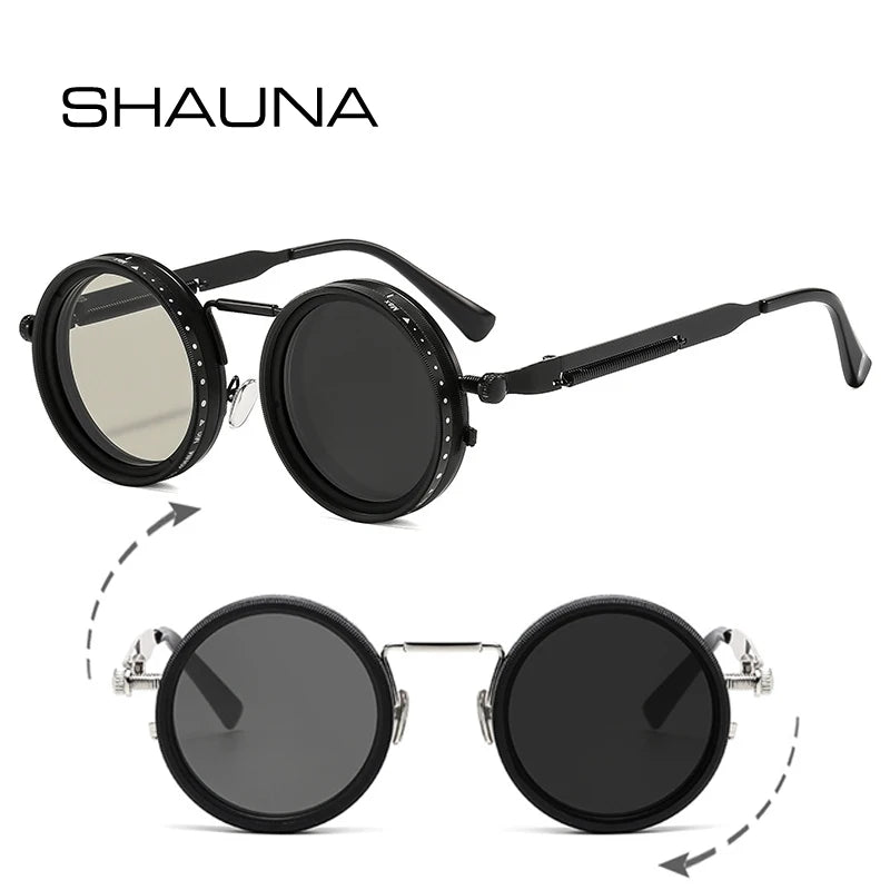 SHAUNA Metal Round Punk Sunglasses, ND9 Adjustable Dimming, Polarized UV400 Outdoor Fashion Glasses for Men & Women