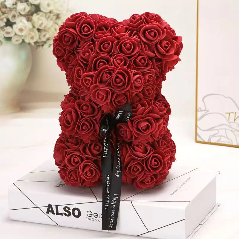 Artificial Rose Flower Teddy Bear 25cm with Box – Valentine’s Day Romantic Gift for Girlfriend, Anniversary, Wedding Party