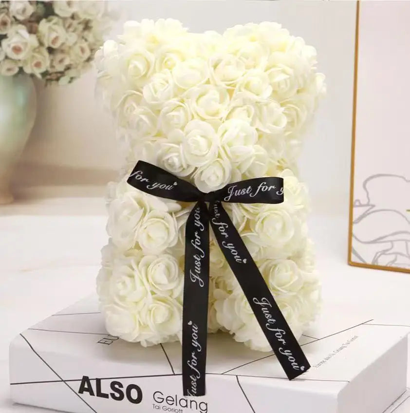 Artificial Rose Flower Teddy Bear 25cm with Box – Valentine’s Day Romantic Gift for Girlfriend, Anniversary, Wedding Party